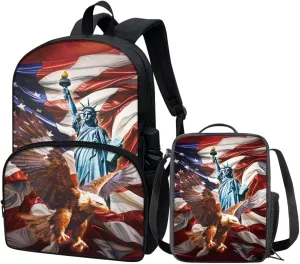 COEQINE Kids School Backpack Set With Lunch Bag Middle High School Bookbag For Boys American Flag Cool Animal Statue of Liberty Pattern Bookbag With Lunch Box Strap Insulation 2 Pieces