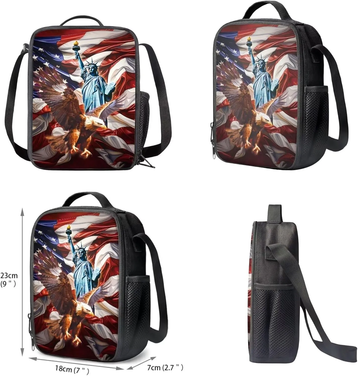 COEQINE Kids School Backpack Set With Lunch Bag Middle High School Bookbag For Boys American Flag Cool Animal Statue of Liberty Pattern Bookbag With Lunch Box Strap Insulation 2 Pieces