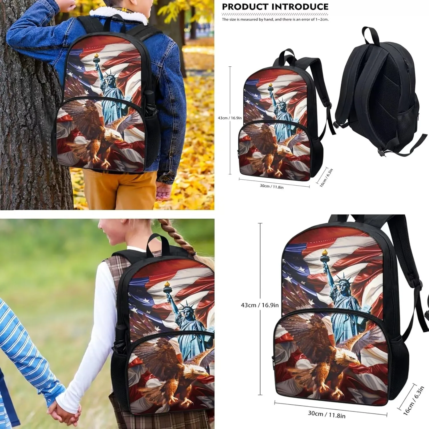 COEQINE Kids School Backpack Set With Lunch Bag Middle High School Bookbag For Boys American Flag Cool Animal Statue of Liberty Pattern Bookbag With Lunch Box Strap Insulation 2 Pieces