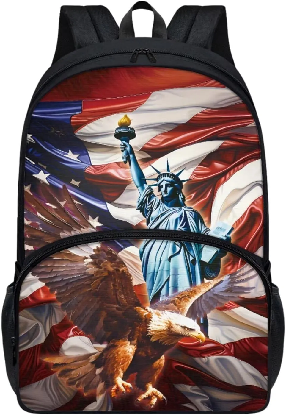 COEQINE Kids School Backpack Set With Lunch Bag Middle High School Bookbag For Boys American Flag Cool Animal Statue of Liberty Pattern Bookbag With Lunch Box Strap Insulation 2 Pieces