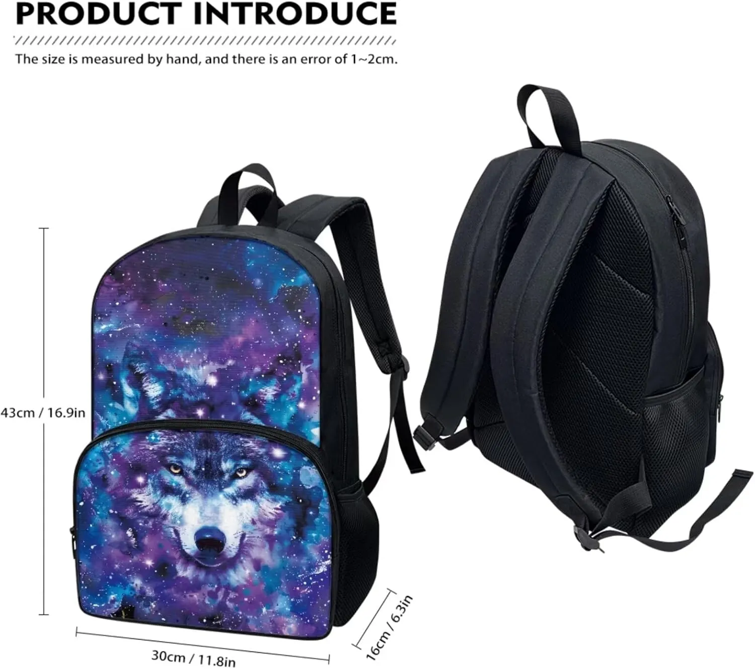 COEQINE Wolf Backpack, 2 Pcs School Backpack With Lunchbox Boys Girls Starry Sky BLue Galaxy Bookbag Teen Girls High School Middle High School Portable