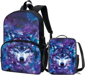 COEQINE Wolf Backpack, 2 Pcs School Backpack With Lunchbox Boys Girls Starry Sky BLue Galaxy Bookbag Teen Girls High School Middle High School Portable