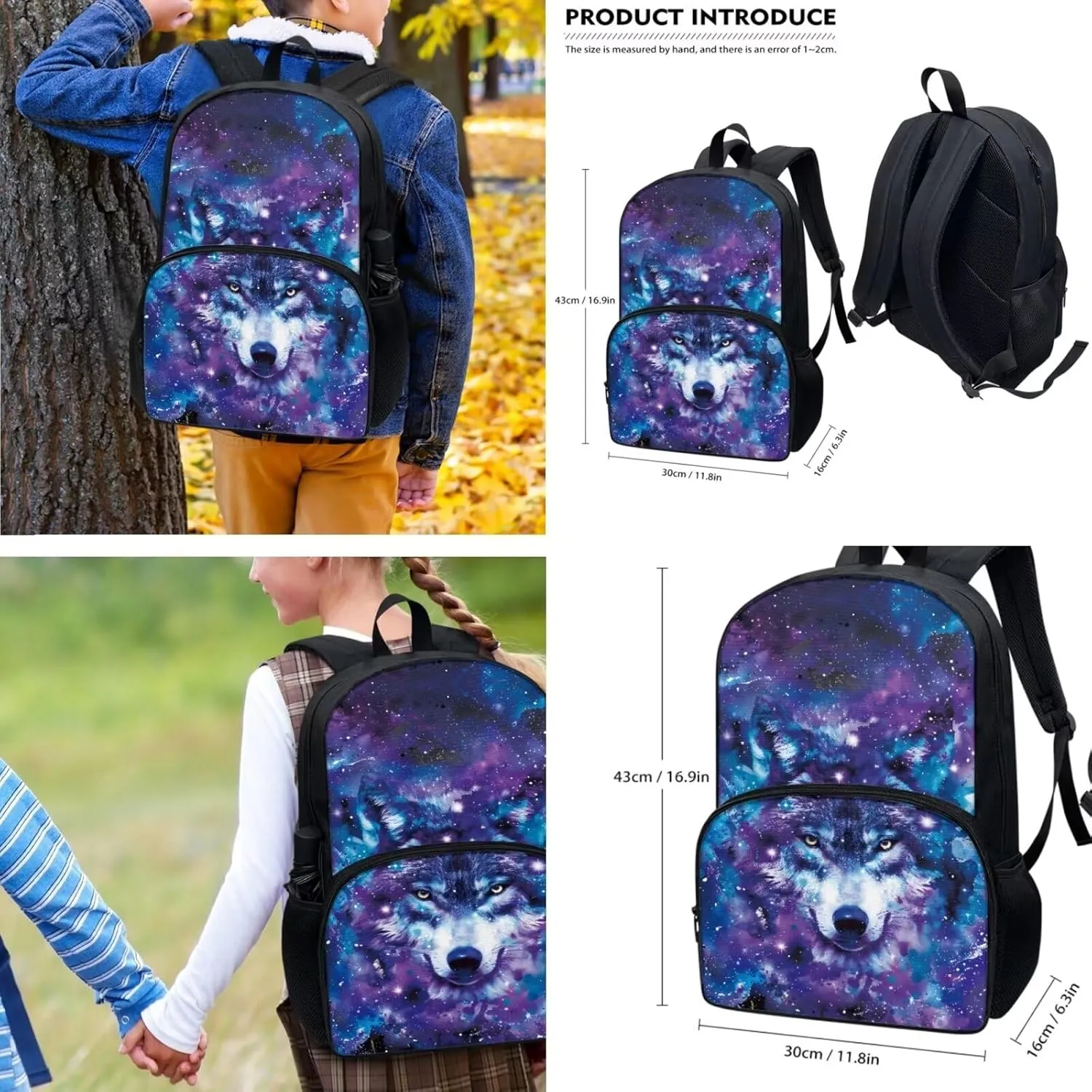 COEQINE Wolf Backpack, 2 Pcs School Backpack With Lunchbox Boys Girls Starry Sky BLue Galaxy Bookbag Teen Girls High School Middle High School Portable
