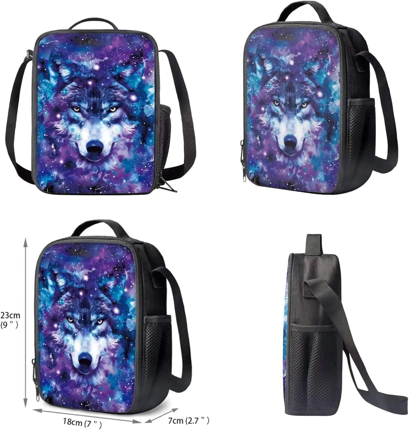 COEQINE Wolf Backpack, 2 Pcs School Backpack With Lunchbox Boys Girls Starry Sky BLue Galaxy Bookbag Teen Girls High School Middle High School Portable