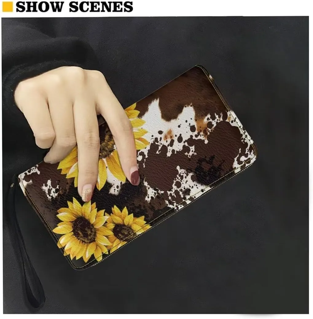 Coldinair Sunflower Womens Wallet with Wrist Strap RFID Blocking PU Leather Coin Bag Brown Cow Print Handbag for Ladies Cluth Long Purse for Travel