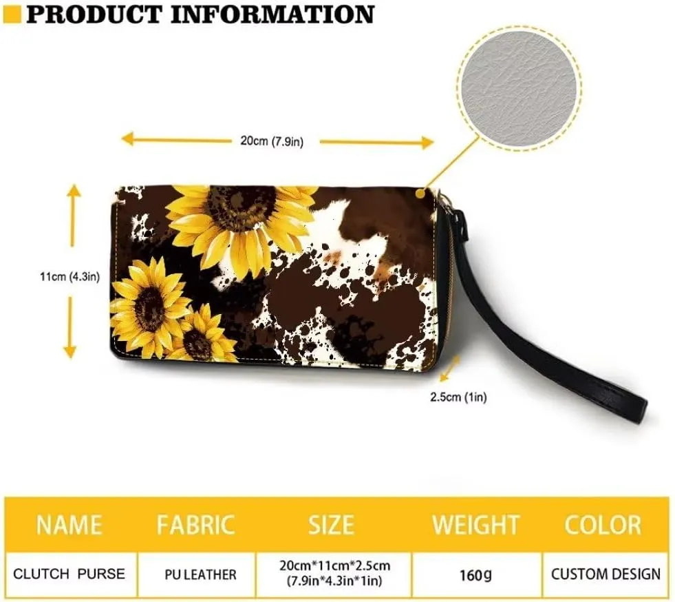 Coldinair Sunflower Womens Wallet with Wrist Strap RFID Blocking PU Leather Coin Bag Brown Cow Print Handbag for Ladies Cluth Long Purse for Travel
