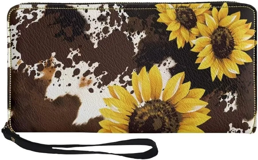 Coldinair Sunflower Womens Wallet with Wrist Strap RFID Blocking PU Leather Coin Bag Brown Cow Print Handbag for Ladies Cluth Long Purse for Travel