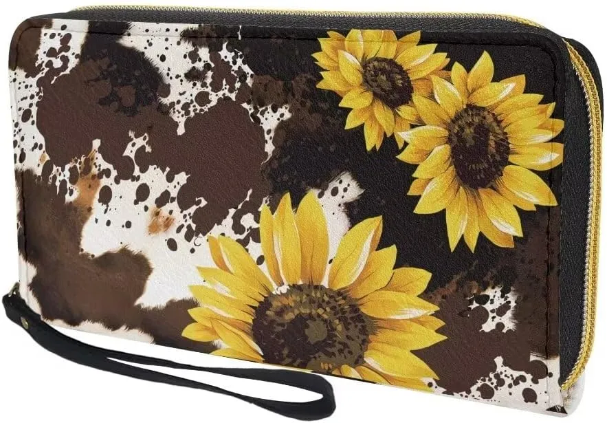 Coldinair Sunflower Womens Wallet with Wrist Strap RFID Blocking PU Leather Coin Bag Brown Cow Print Handbag for Ladies Cluth Long Purse for Travel