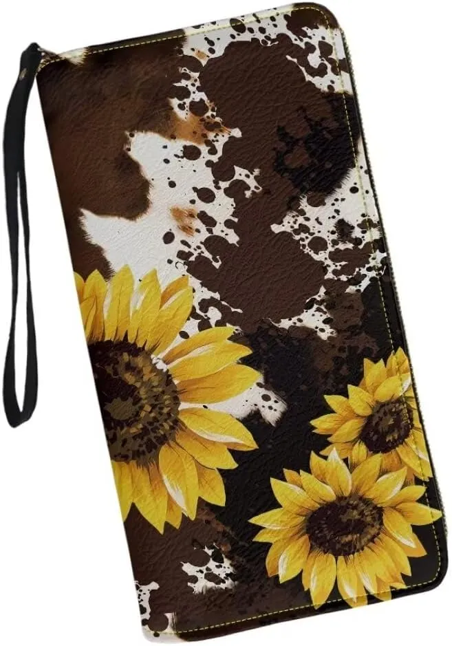 Coldinair Sunflower Womens Wallet with Wrist Strap RFID Blocking PU Leather Coin Bag Brown Cow Print Handbag for Ladies Cluth Long Purse for Travel