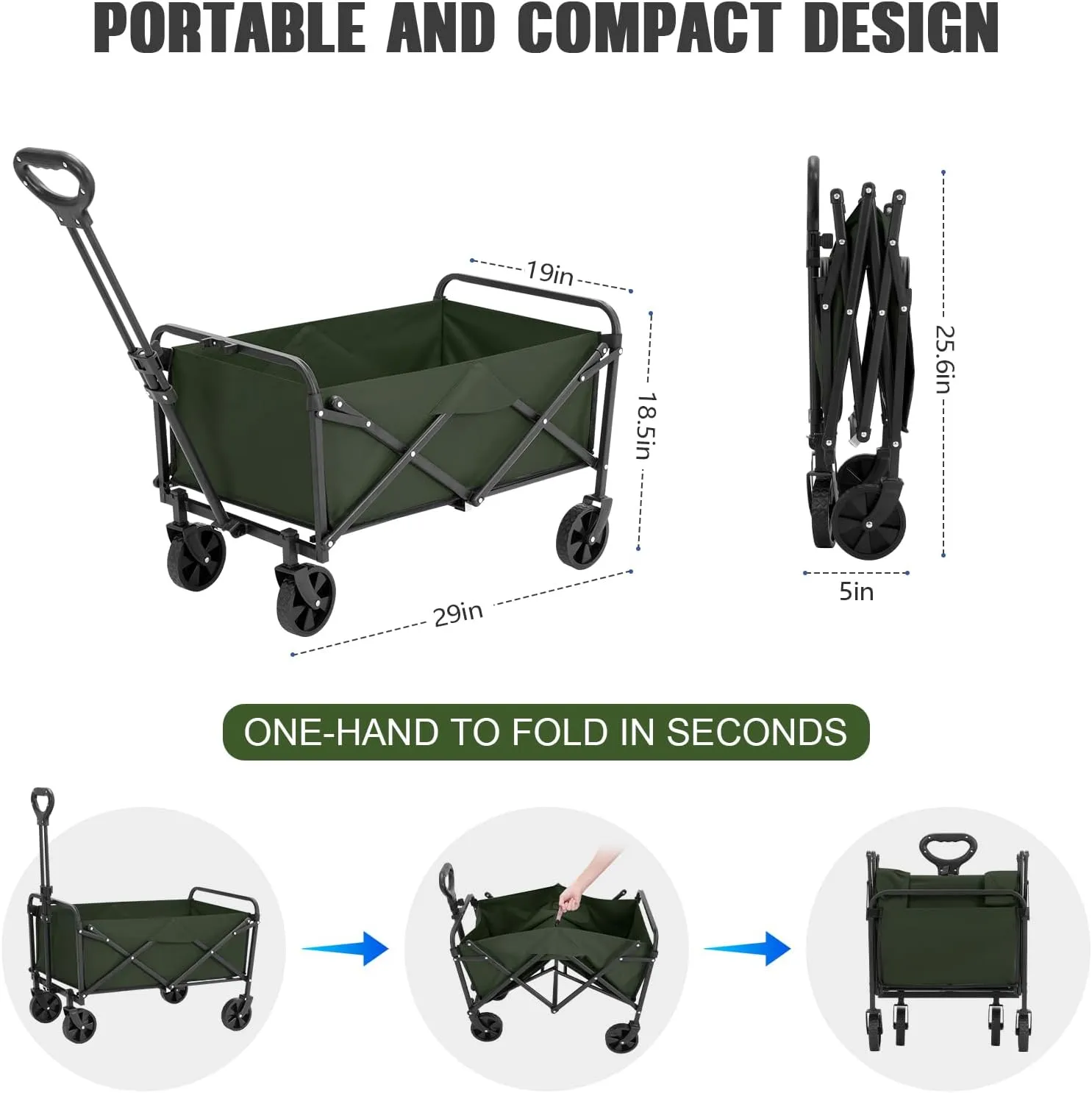 Collapsible Foldable Wagon,Wagons Carts Foldable with Wheels,Utility Grocery Folding Beach Wagon for Sand Garden Sports Shopping Outdoor(Light Green).