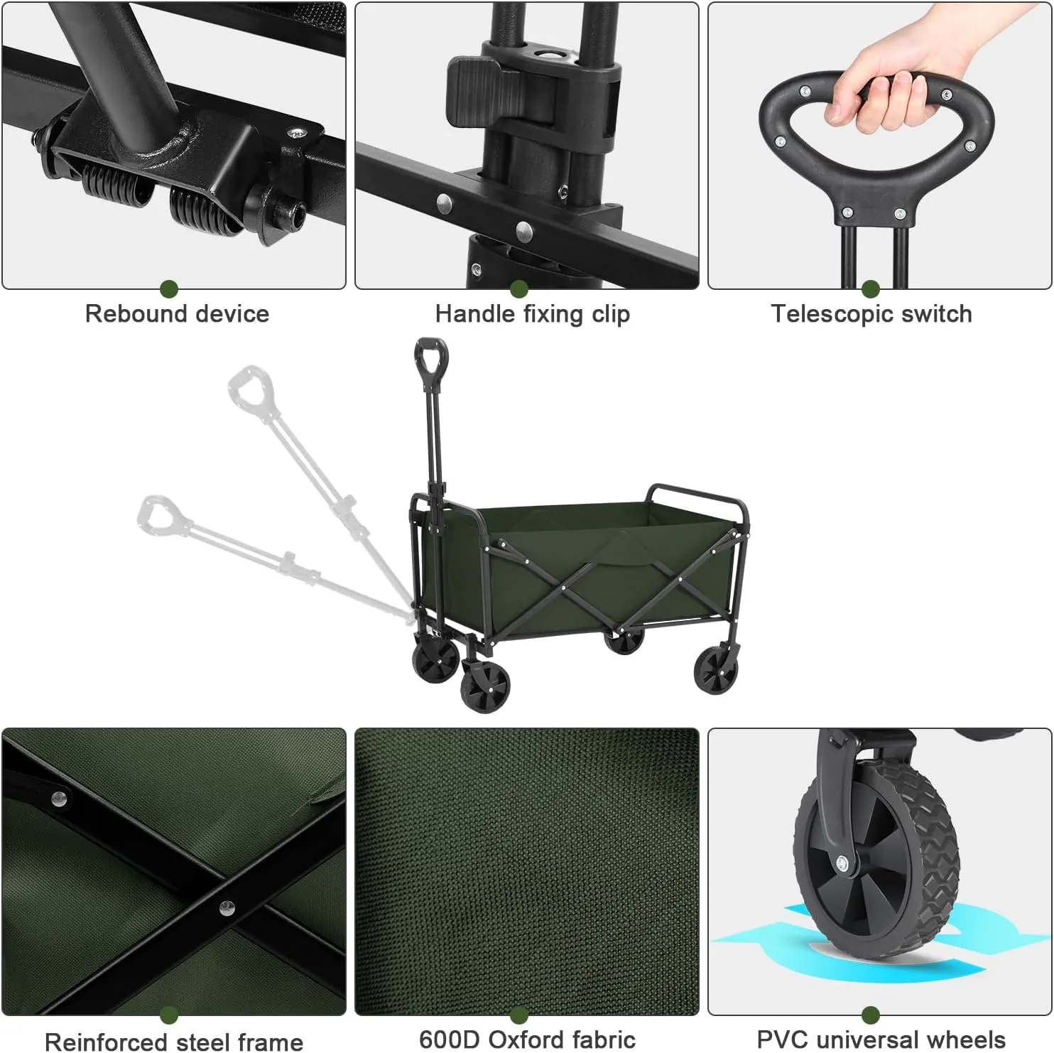 Collapsible Foldable Wagon,Wagons Carts Foldable with Wheels,Utility Grocery Folding Beach Wagon for Sand Garden Sports Shopping Outdoor(Light Green).