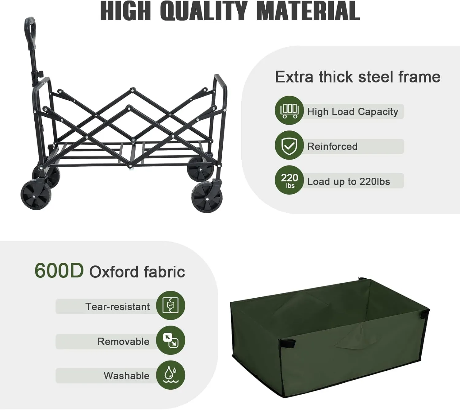 Collapsible Foldable Wagon,Wagons Carts Foldable with Wheels,Utility Grocery Folding Beach Wagon for Sand Garden Sports Shopping Outdoor(Light Green).