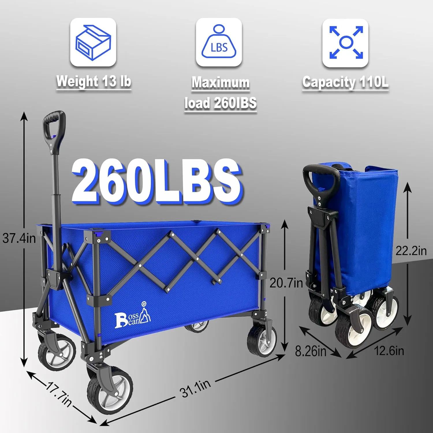Collapsible Folding Wagon, Outdoor Utility Grocery Large Wagon Cart Heavy Duty Foldable with Silent Universal Wheels, Adjustable Handle, Camping, Garden, Shopping (Blue, 110L)