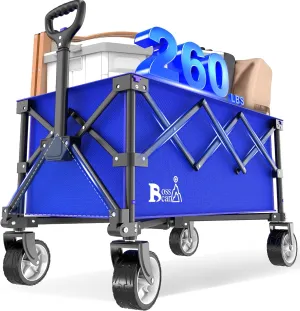 Collapsible Folding Wagon, Outdoor Utility Grocery Large Wagon Cart Heavy Duty Foldable with Silent Universal Wheels, Adjustable Handle, Camping, Garden, Shopping (Blue, 110L)