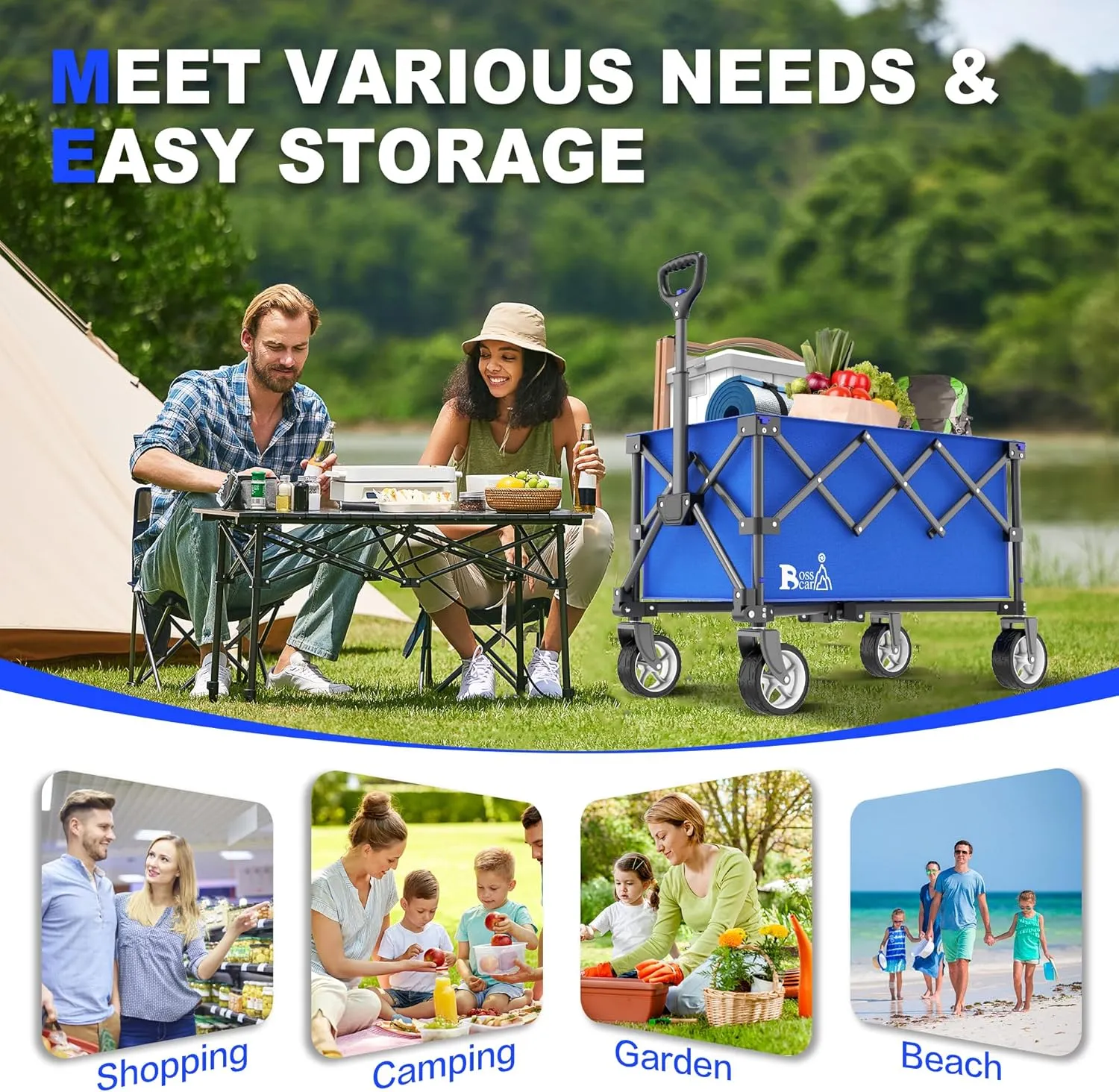 Collapsible Folding Wagon, Outdoor Utility Grocery Large Wagon Cart Heavy Duty Foldable with Silent Universal Wheels, Adjustable Handle, Camping, Garden, Shopping (Blue, 110L)