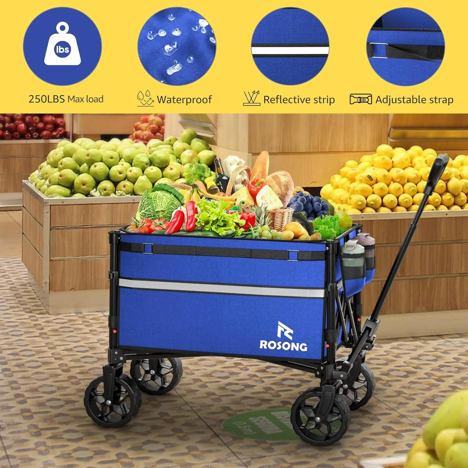 Collapsible Wagon Cart with Wheels Foldable - Folding Utility Heavy Duty Wagons Carts for Grocery Sports Garden Shopping Camping Blue