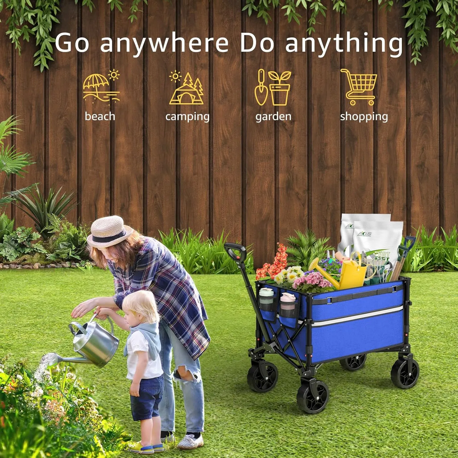 Collapsible Wagon Cart with Wheels Foldable - Folding Utility Heavy Duty Wagons Carts for Grocery Sports Garden Shopping Camping Blue
