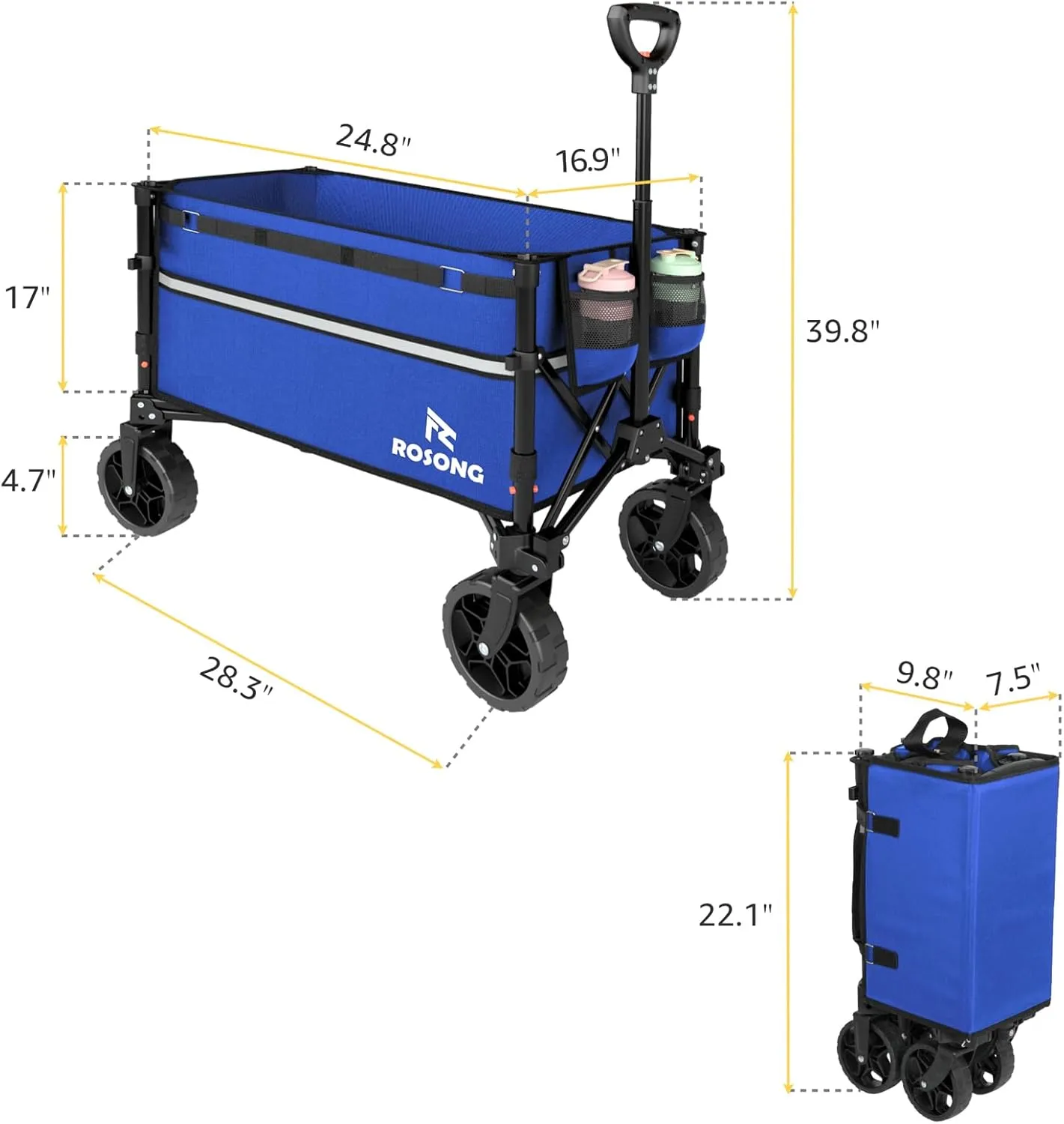 Collapsible Wagon Cart with Wheels Foldable - Folding Utility Heavy Duty Wagons Carts for Grocery Sports Garden Shopping Camping Blue
