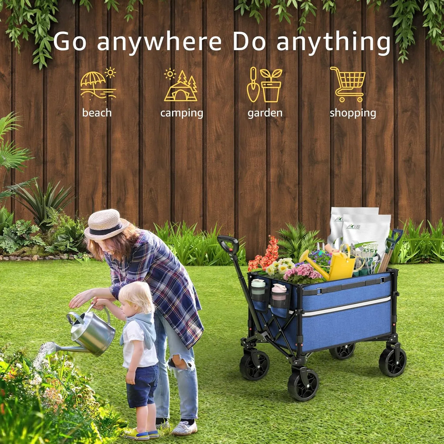 Collapsible Wagon Cart with Wheels Foldable - Folding Utility Heavy Duty Wagons Carts for Grocery Sports Garden Shopping Camping Wheelbarrows,Navy Blue