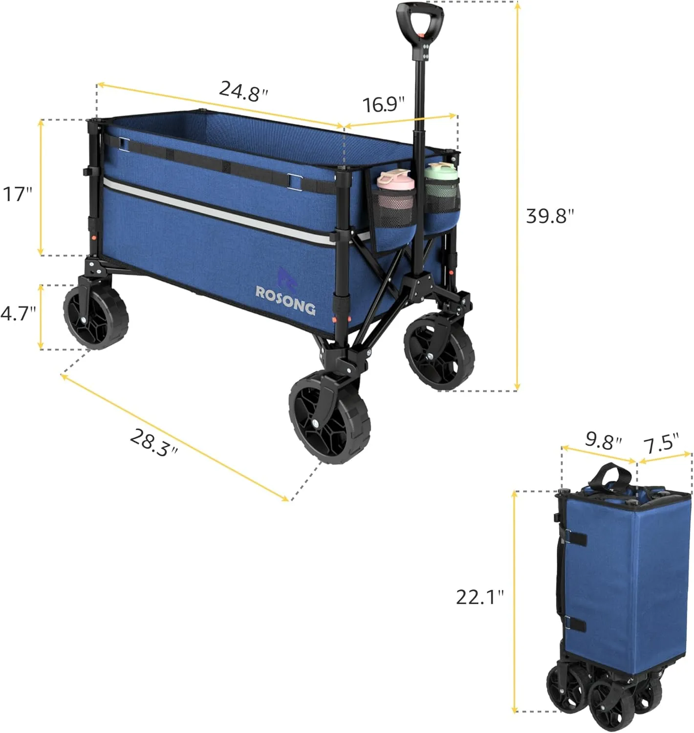 Collapsible Wagon Cart with Wheels Foldable - Folding Utility Heavy Duty Wagons Carts for Grocery Sports Garden Shopping Camping Wheelbarrows,Navy Blue