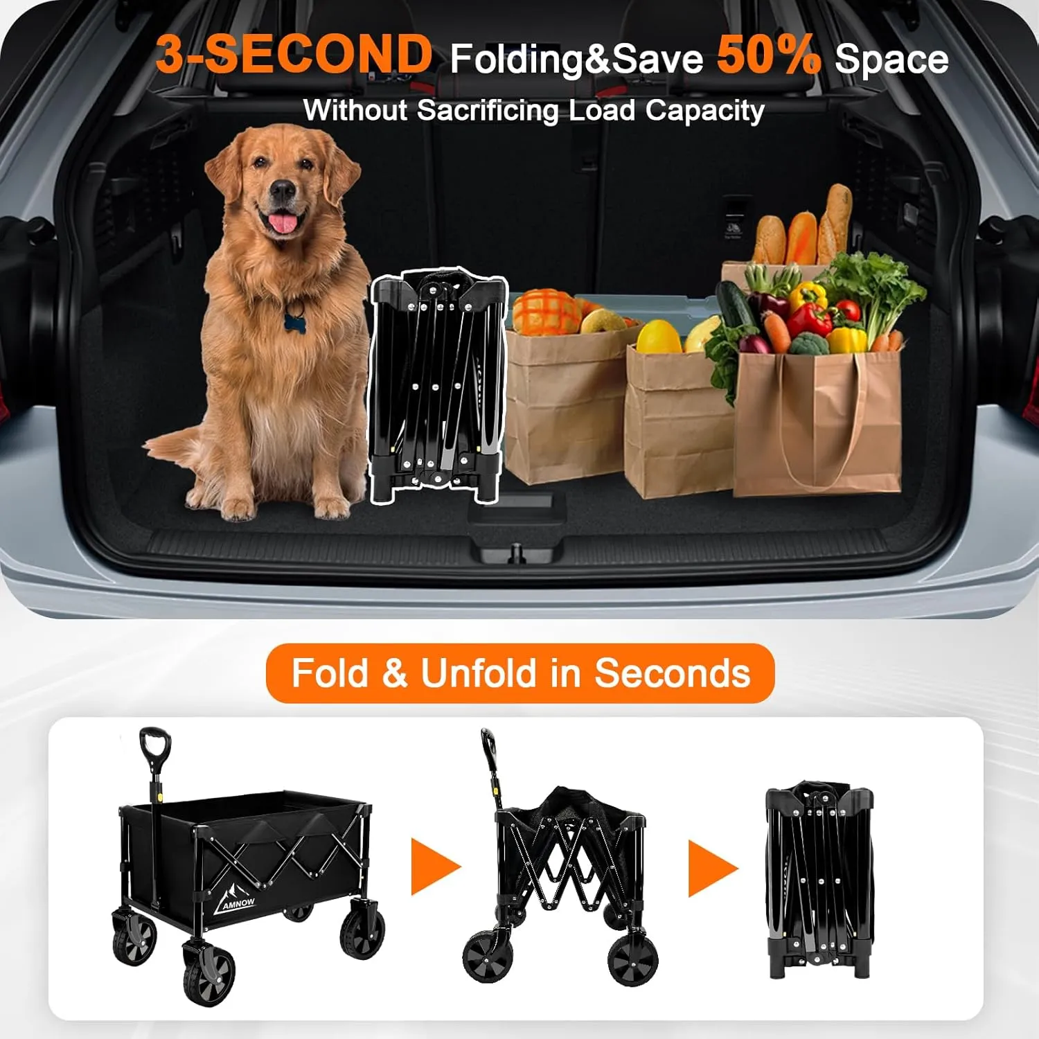 Collapsible Wagon Cart with Wheels Foldable, Folding Wagons Carts with Silent Universal Wheels, Large Grocery Cart On Wheels, Heavy Duty Utility for Shopping Beach Sports Fishing Camping, Black