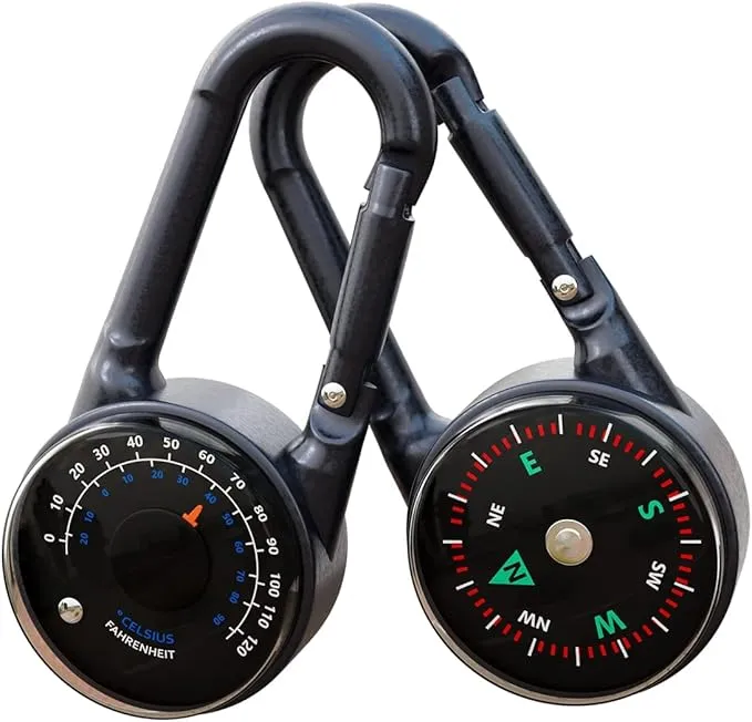 Compass and Thermometer Set of 2 - Carabiner Clip Compass Hiking - Mini Compass Keychain for Backpacks - Pocket Hiking Compass Thermometer Keyring Keychains Outdoor Camping