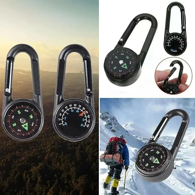 Compass and Thermometer Set of 2 - Carabiner Clip Compass Hiking - Mini Compass Keychain for Backpacks - Pocket Hiking Compass Thermometer Keyring Keychains Outdoor Camping
