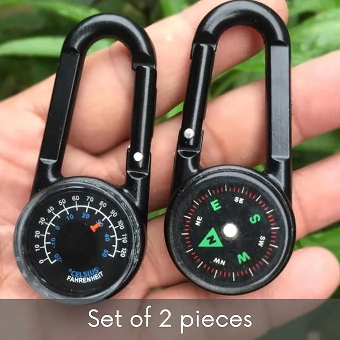 Compass and Thermometer Set of 2 - Carabiner Clip Compass Hiking - Mini Compass Keychain for Backpacks - Pocket Hiking Compass Thermometer Keyring Keychains Outdoor Camping