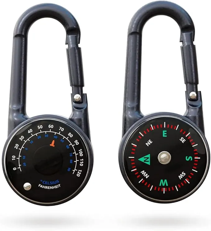 Compass and Thermometer Set of 2 - Carabiner Clip Compass Hiking - Mini Compass Keychain for Backpacks - Pocket Hiking Compass Thermometer Keyring Keychains Outdoor Camping