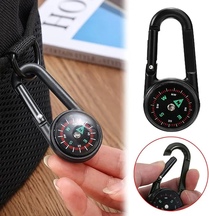 Compass and Thermometer Set of 2 - Carabiner Clip Compass Hiking - Mini Compass Keychain for Backpacks - Pocket Hiking Compass Thermometer Keyring Keychains Outdoor Camping