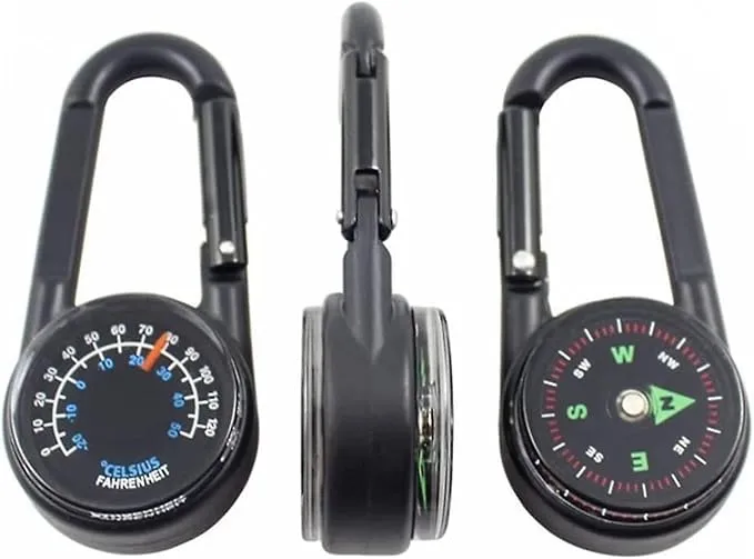 Compass and Thermometer Set of 2 - Carabiner Clip Compass Hiking - Mini Compass Keychain for Backpacks - Pocket Hiking Compass Thermometer Keyring Keychains Outdoor Camping