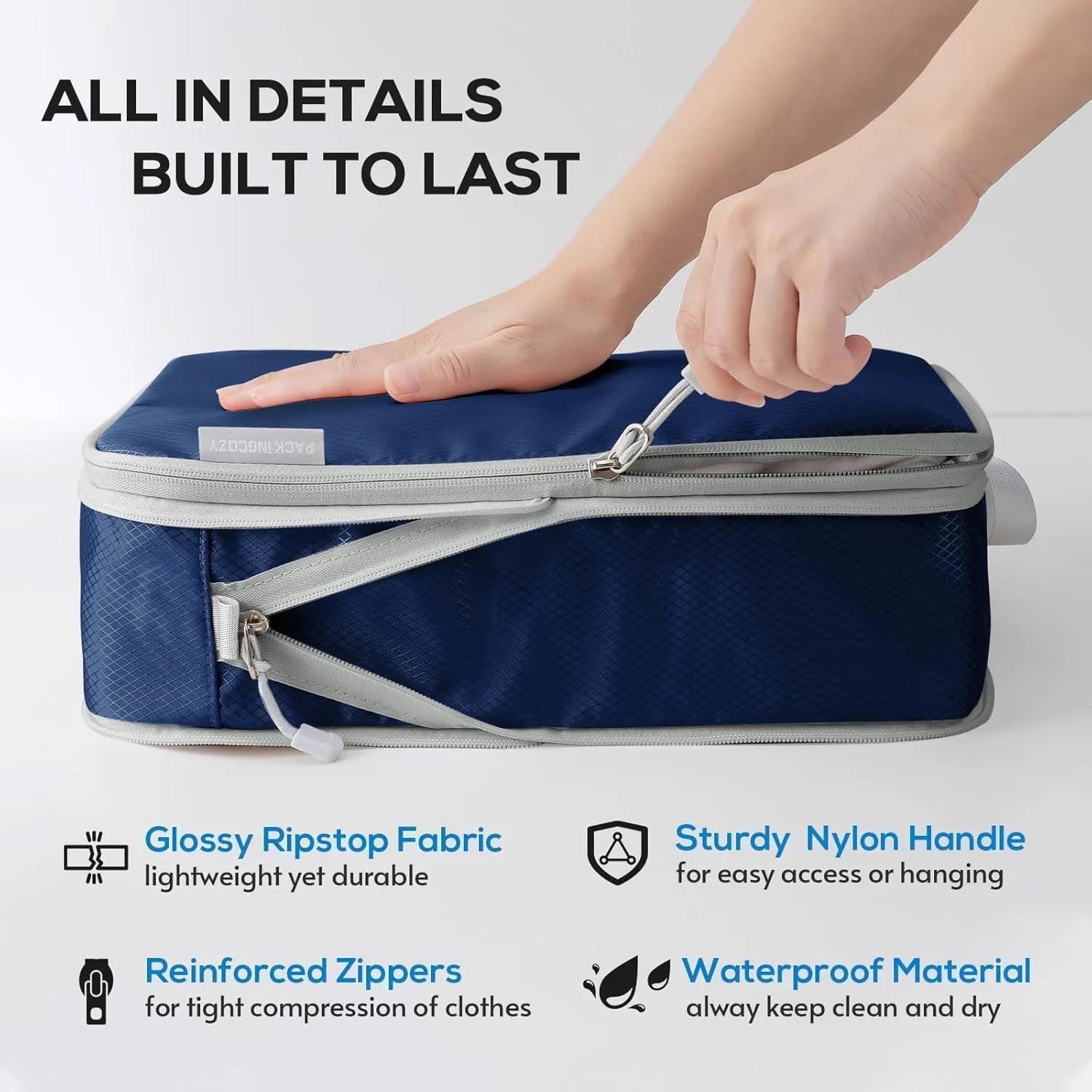 Compression Packing Cubes, 4 Set Packing Cubes for Travel Compression, Lightweight Compressible Package Organizer for Carry On and Suitcases, Navy and Grey