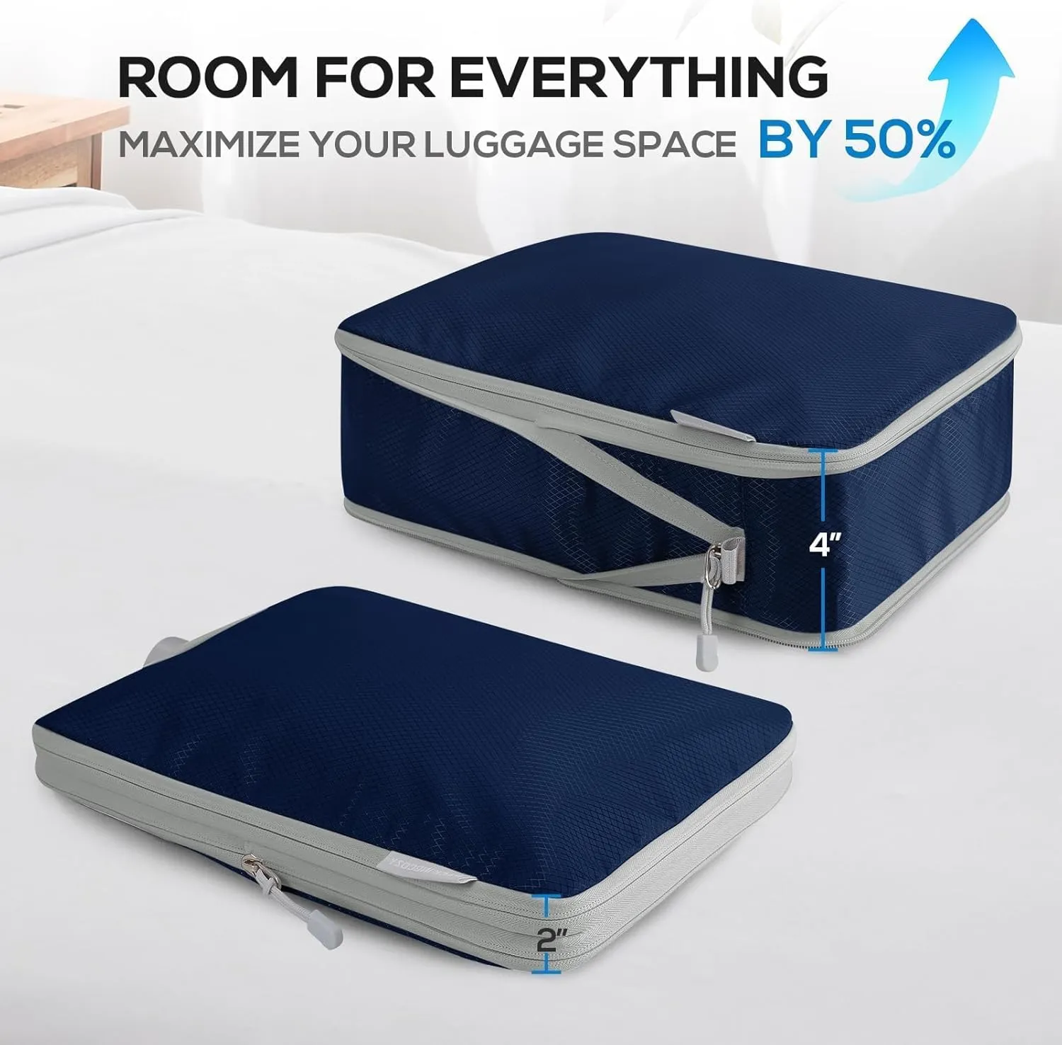 Compression Packing Cubes, 4 Set Packing Cubes for Travel Compression, Lightweight Compressible Package Organizer for Carry On and Suitcases, Navy and Grey