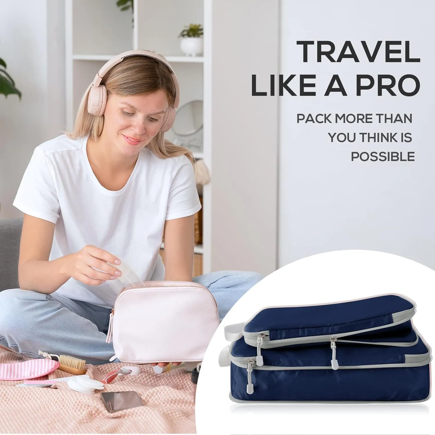 Compression Packing Cubes, 4 Set Packing Cubes for Travel Compression, Lightweight Compressible Package Organizer for Carry On and Suitcases, Navy and Grey