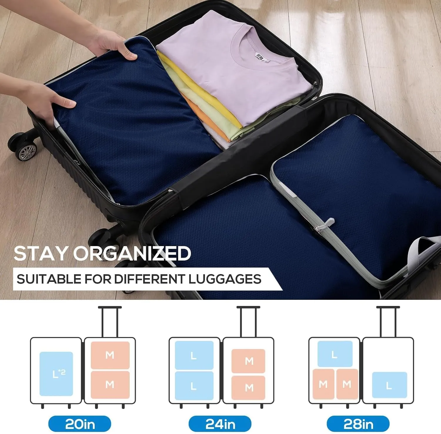 Compression Packing Cubes, 4 Set Packing Cubes for Travel Compression, Lightweight Compressible Package Organizer for Carry On and Suitcases, Navy and Grey