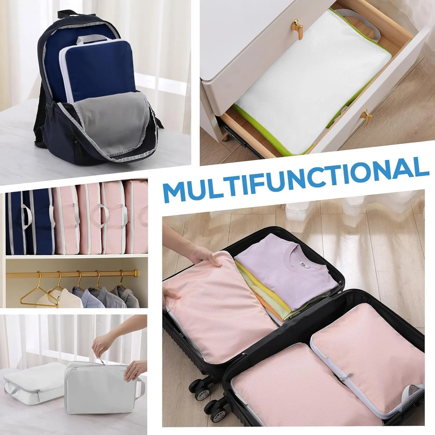 Compression Packing Cubes, 4 Set Packing Cubes for Travel Compression, Lightweight Compressible Package Organizer for Carry On and Suitcases, Navy and Grey