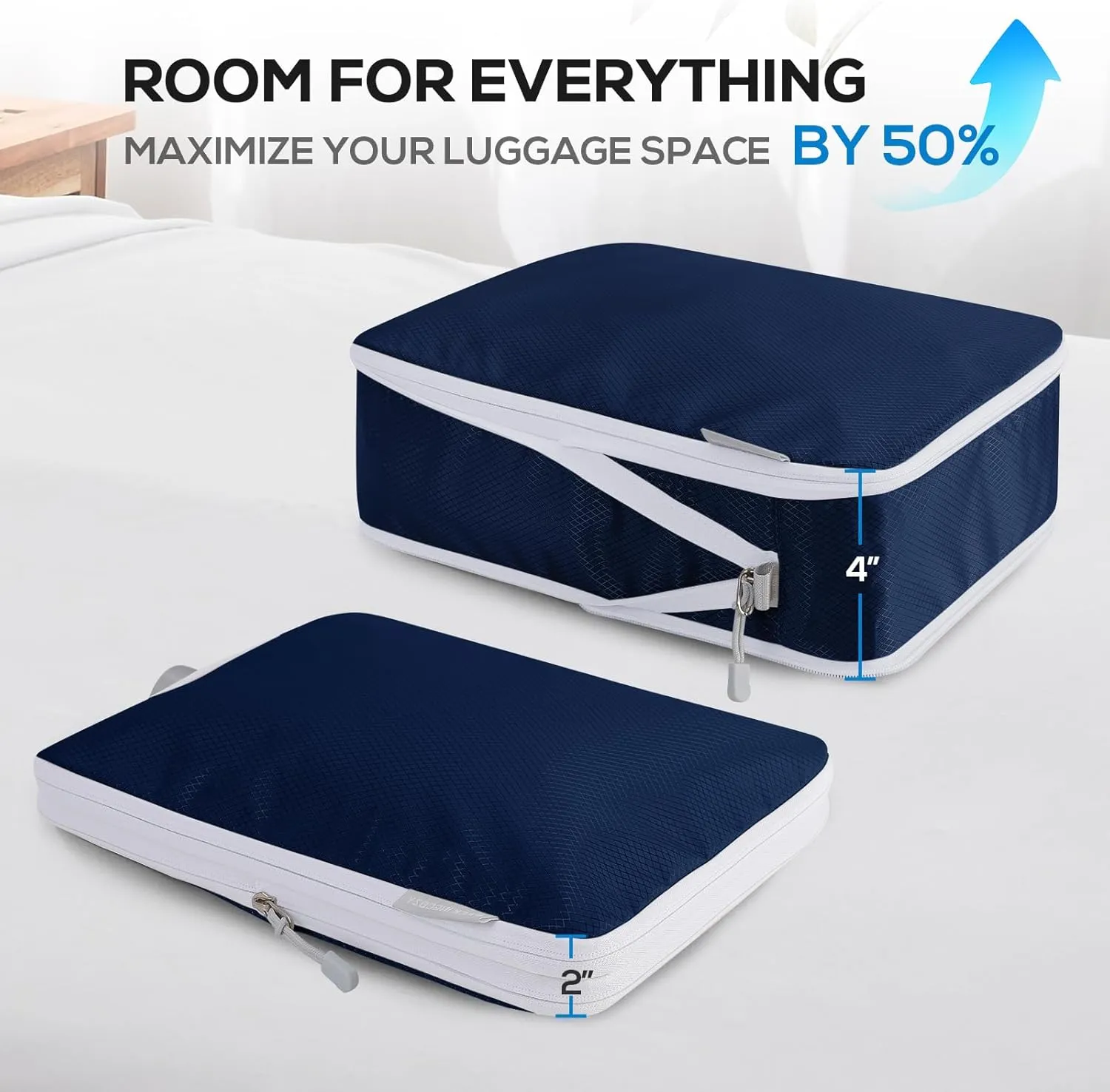 Compression Packing Cubes, 6 Set Packing Cubes for Travel Compression, Lightweight Compressible Package Organizer for Carry On and Suitcases, Navy and White