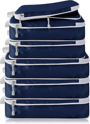 Compression Packing Cubes, 6 Set Packing Cubes for Travel Compression, Lightweight Compressible Package Organizer for Carry On and Suitcases, Navy and White