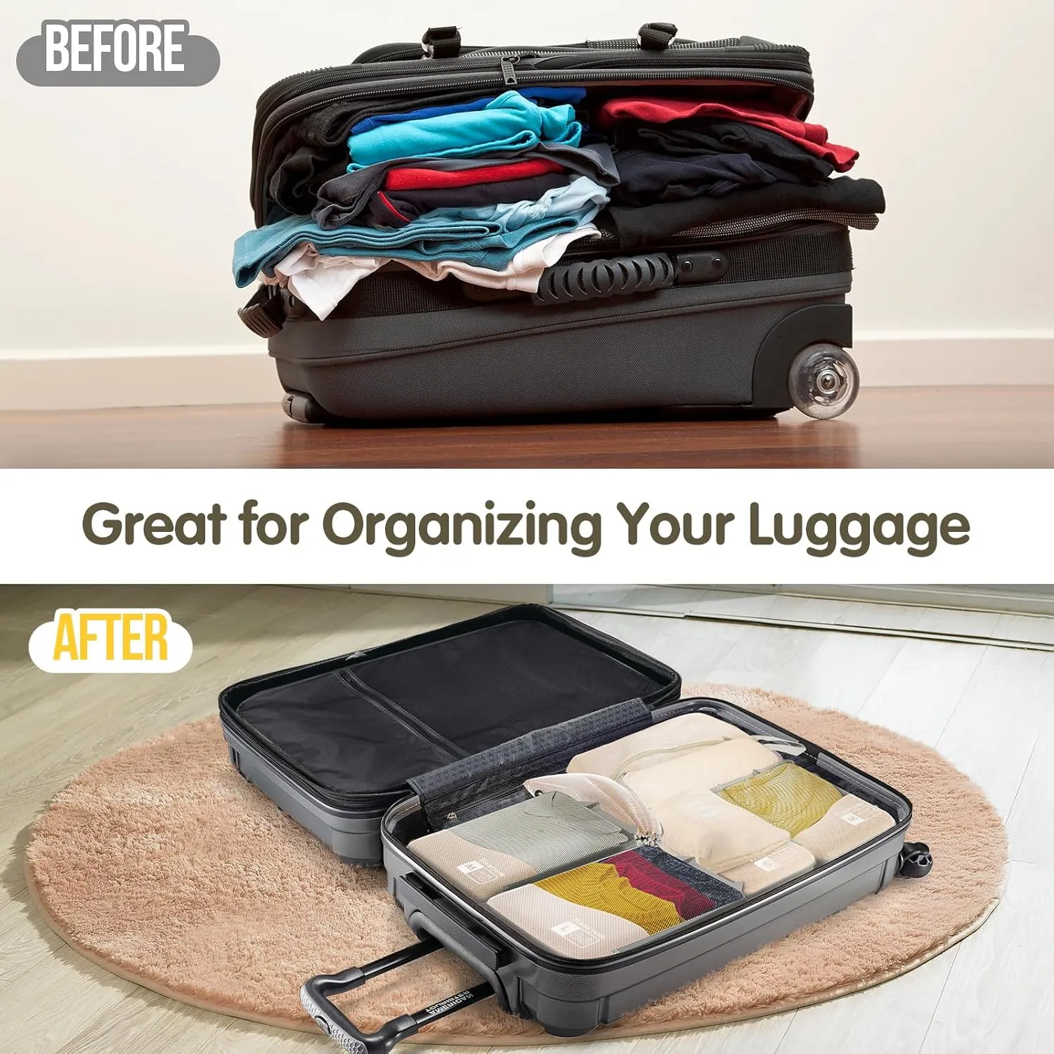 Compression Packing Cubes 8 Set, Dual Zipper Compression Packing Cubes for Travel, See-Through Mesh Packing Bags for Suitcases, packing cubes with shoe bag (Beige)
