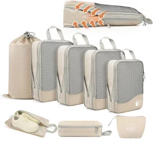 Compression Packing Cubes 8 Set, Dual Zipper Compression Packing Cubes for Travel, See-Through Mesh Packing Bags for Suitcases, packing cubes with shoe bag (Beige)