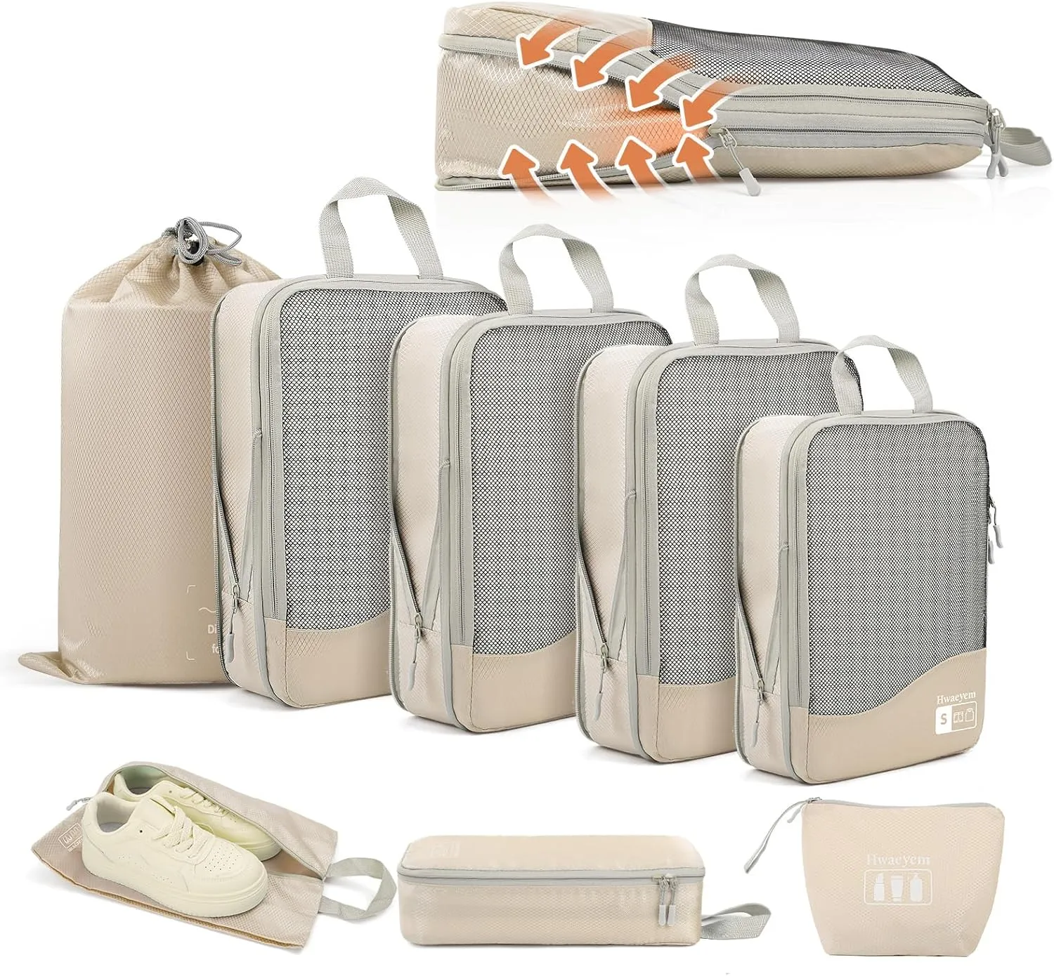 Compression Packing Cubes 8 Set, Dual Zipper Compression Packing Cubes for Travel, See-Through Mesh Packing Bags for Suitcases, packing cubes with shoe bag (Beige)