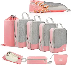 Compression Packing Cubes 8 Set, Dual Zipper Compression Packing Cubes for Travel, See-Through Mesh Packing Bags for Suitcases, packing cubes with shoe bag (Pink)