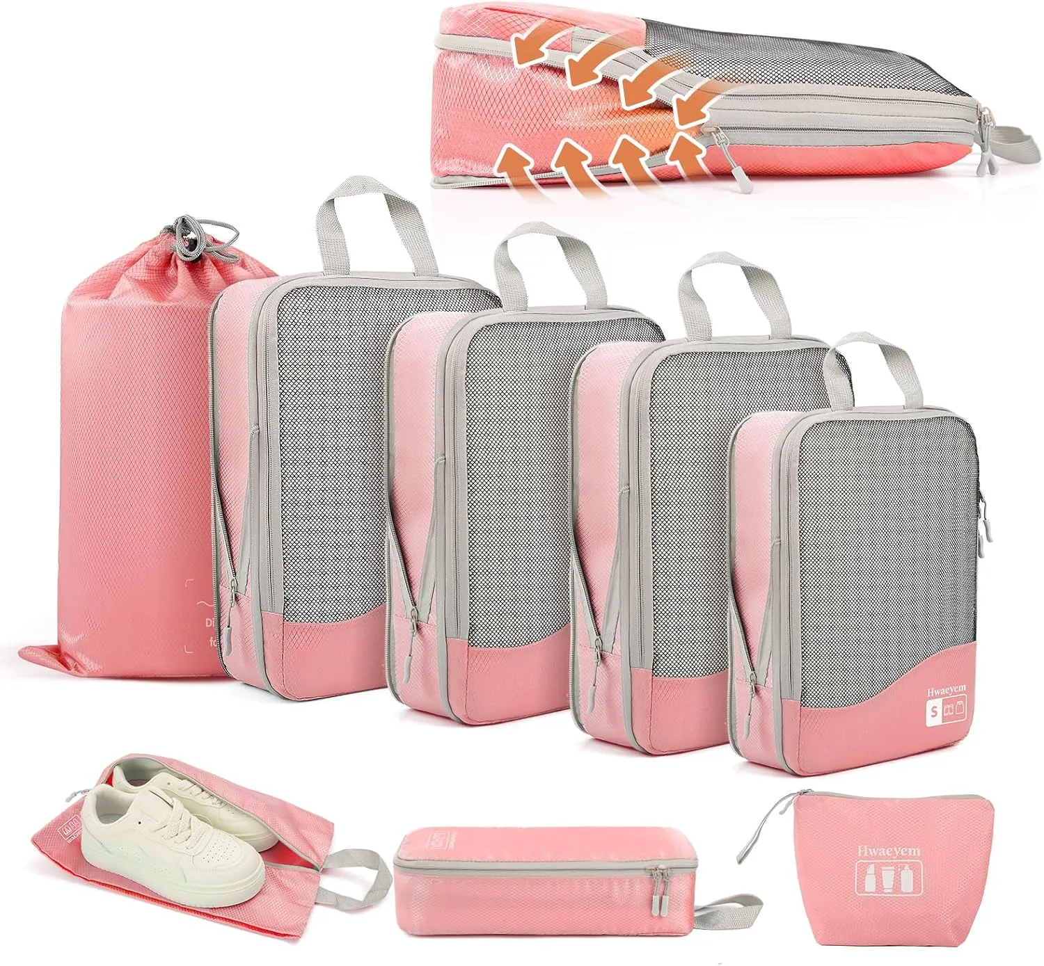 Compression Packing Cubes 8 Set, Dual Zipper Compression Packing Cubes for Travel, See-Through Mesh Packing Bags for Suitcases, packing cubes with shoe bag (Pink)