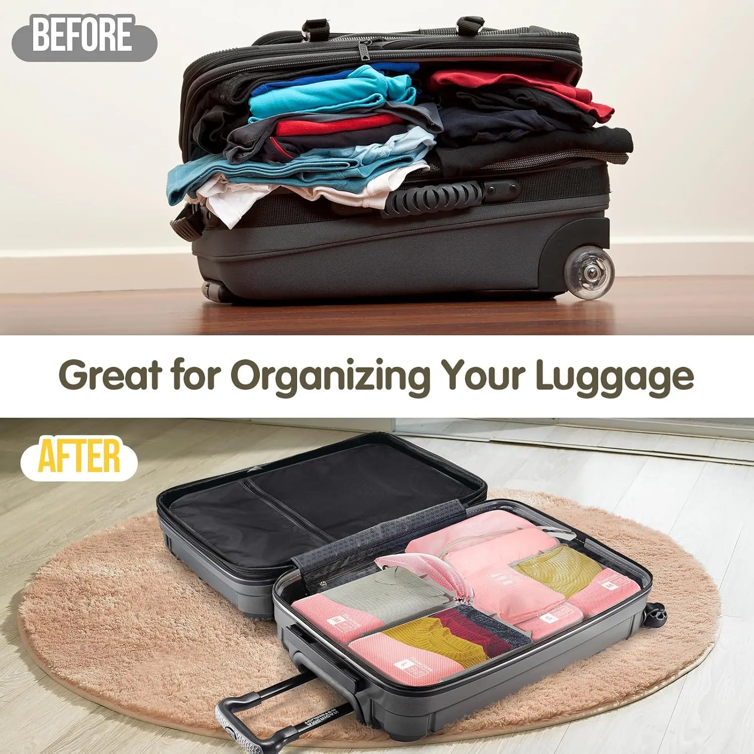 Compression Packing Cubes 8 Set, Dual Zipper Compression Packing Cubes for Travel, See-Through Mesh Packing Bags for Suitcases, packing cubes with shoe bag (Pink)