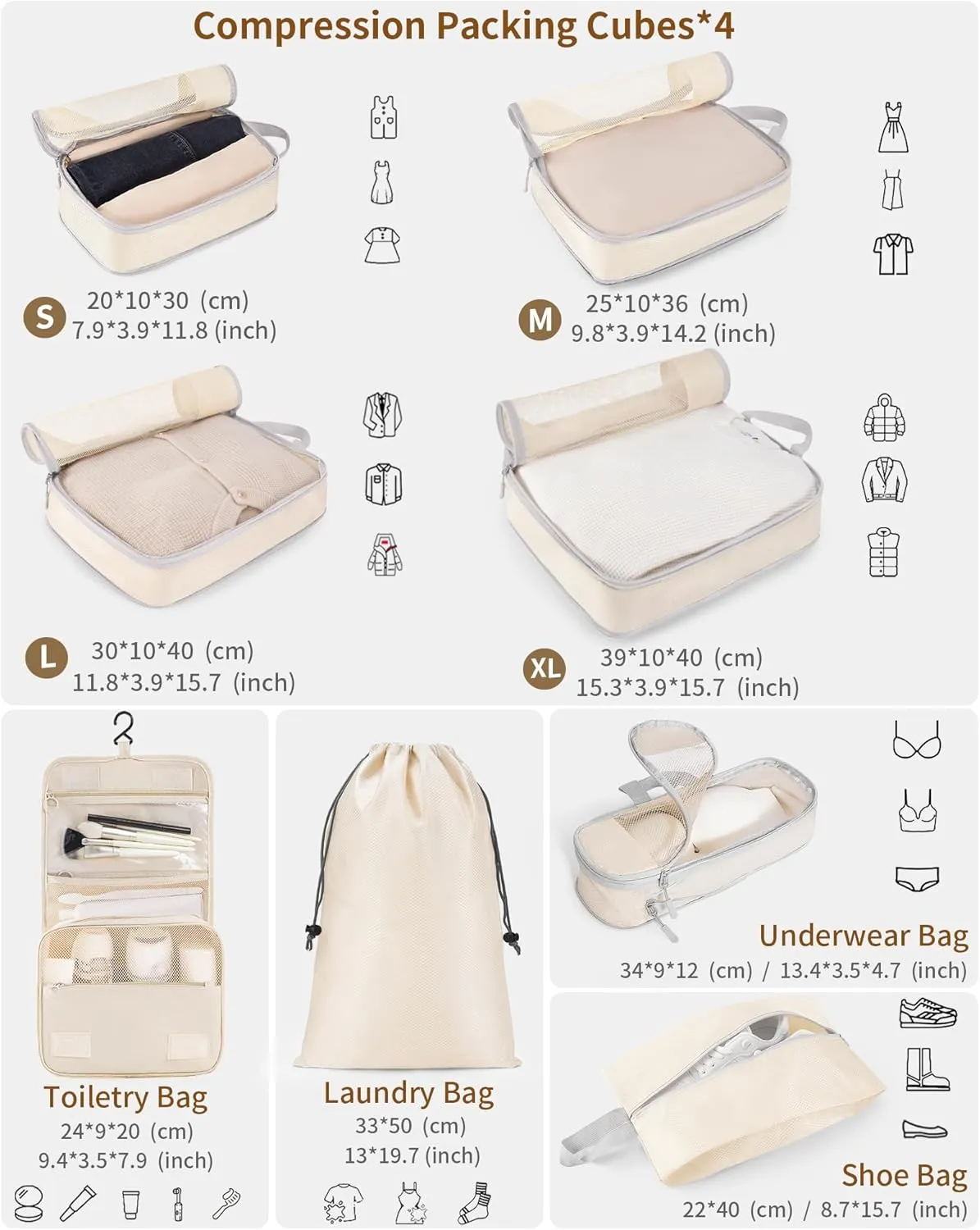 Compression Packing Cubes for Travel 8 Set Travel Organizer Bags Compression Cubes Bags Suitcase Packing Organizer Luggage Organizer Bags with Toiletries Bag and Shoe Bag Travel Essentials Beige