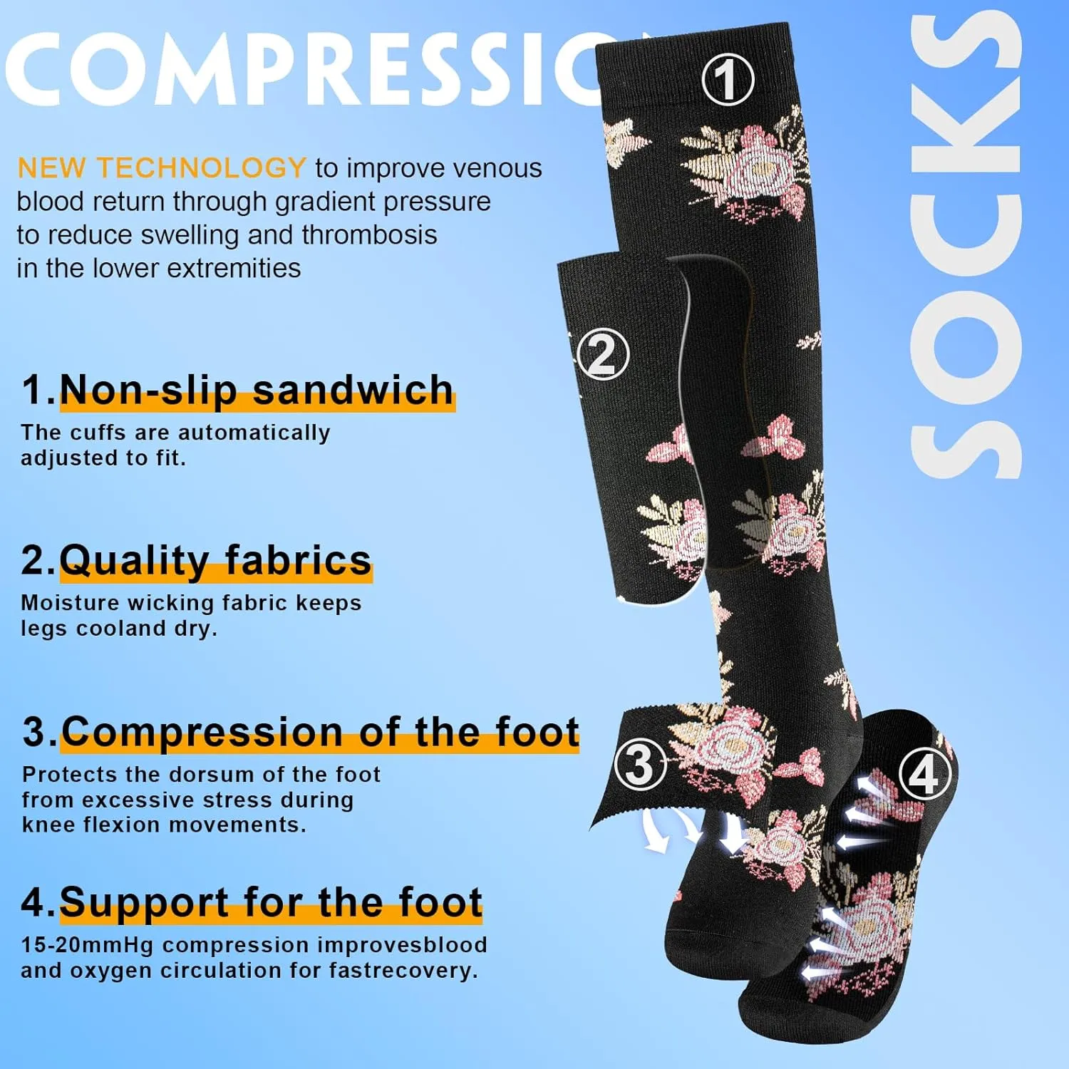 Compression Socks for Women & Men 6 Pairs Knee High Compression Socks 20-30 mmhg Best for Running,Nurse,Travel