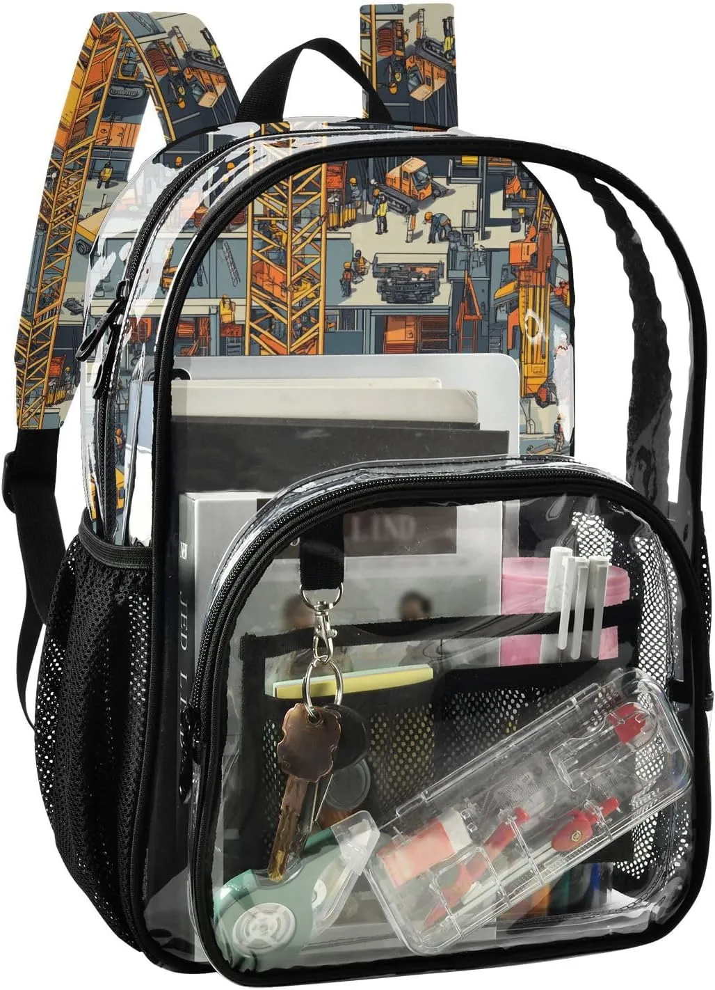 Construction Scene Building Bridges Concrete Mixer Truck Tower Crane Clear Backpack For School Clear Kid Backpack For Teen Girls Transparent Seethrough Heavy Duty Bag