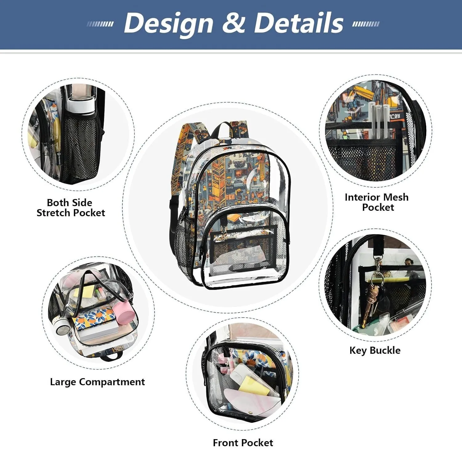 Construction Scene Building Bridges Concrete Mixer Truck Tower Crane Clear Backpack For School Clear Kid Backpack For Teen Girls Transparent Seethrough Heavy Duty Bag