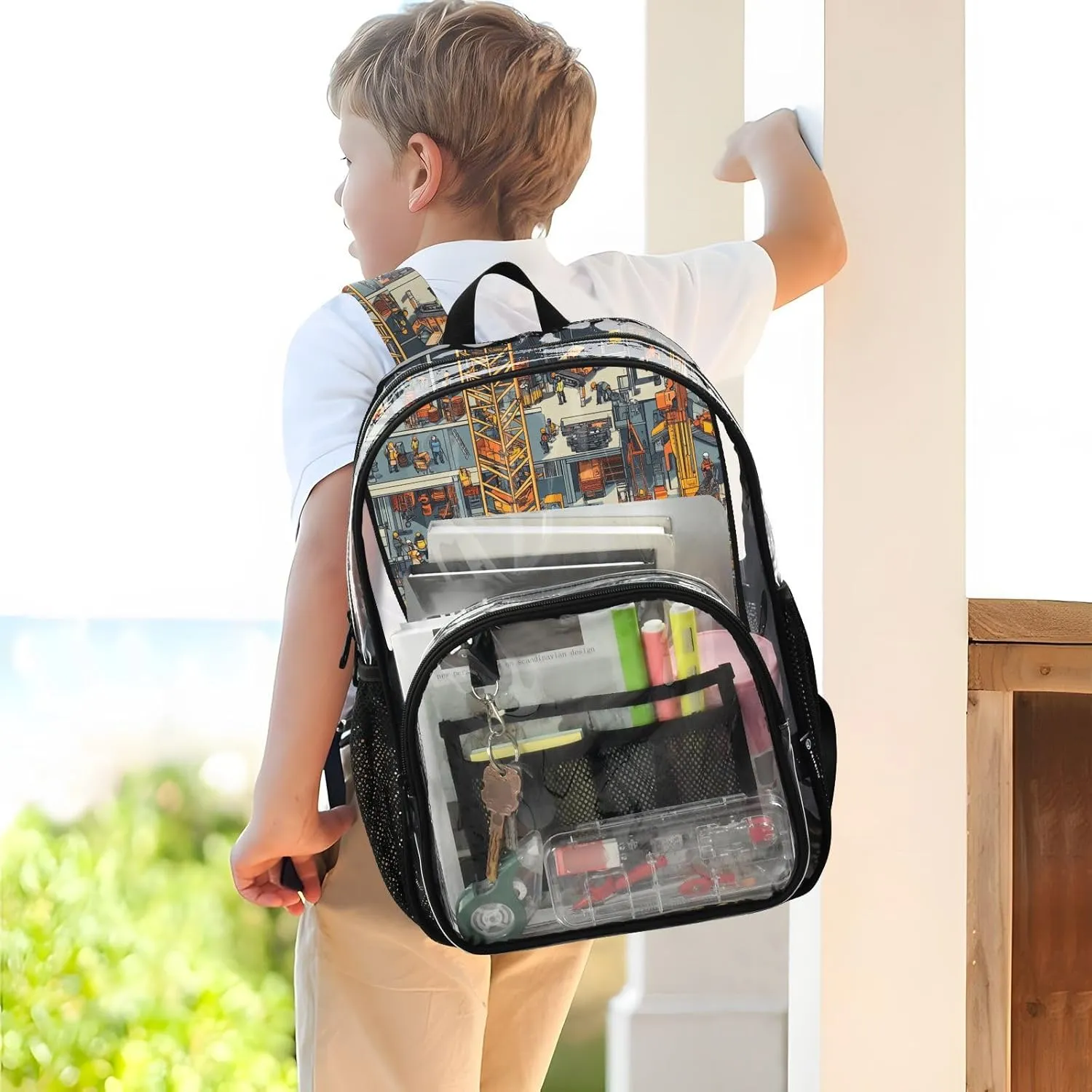 Construction Scene Building Bridges Concrete Mixer Truck Tower Crane Clear Backpack For School Clear Kid Backpack For Teen Girls Transparent Seethrough Heavy Duty Bag