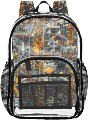 Construction Scene Building Bridges Concrete Mixer Truck Tower Crane Clear Backpack For School Clear Kid Backpack For Teen Girls Transparent Seethrough Heavy Duty Bag
